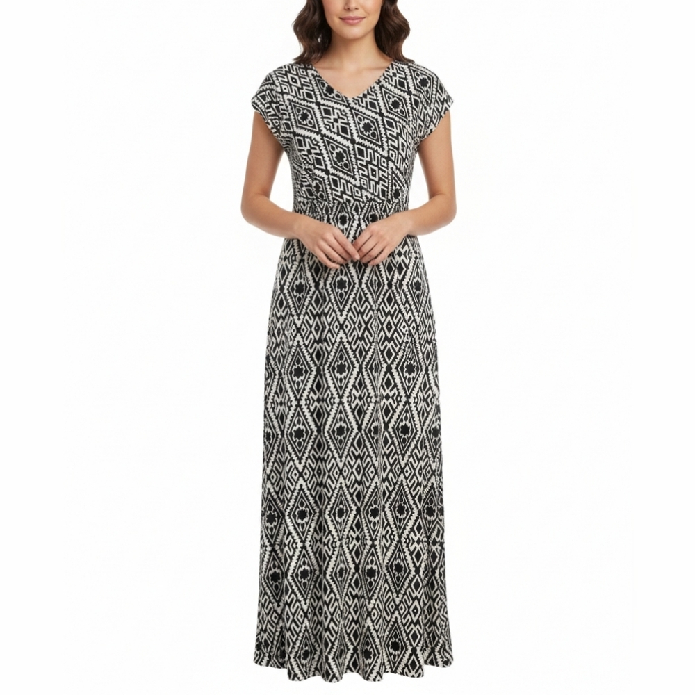Mikarose Melinda Maxi Dress Black White Aztec Print Boho Geometric‎ Casual Flowy